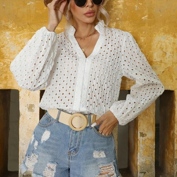 Boho Eyelet Embroidery Frill Trim Lantern Sleeve Blouse - Picture 5 of 5